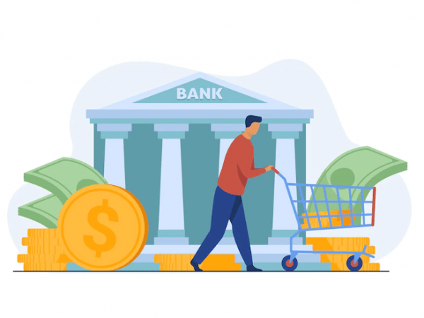 client-banque-obtenant-pret-chariot-roulettes-homme